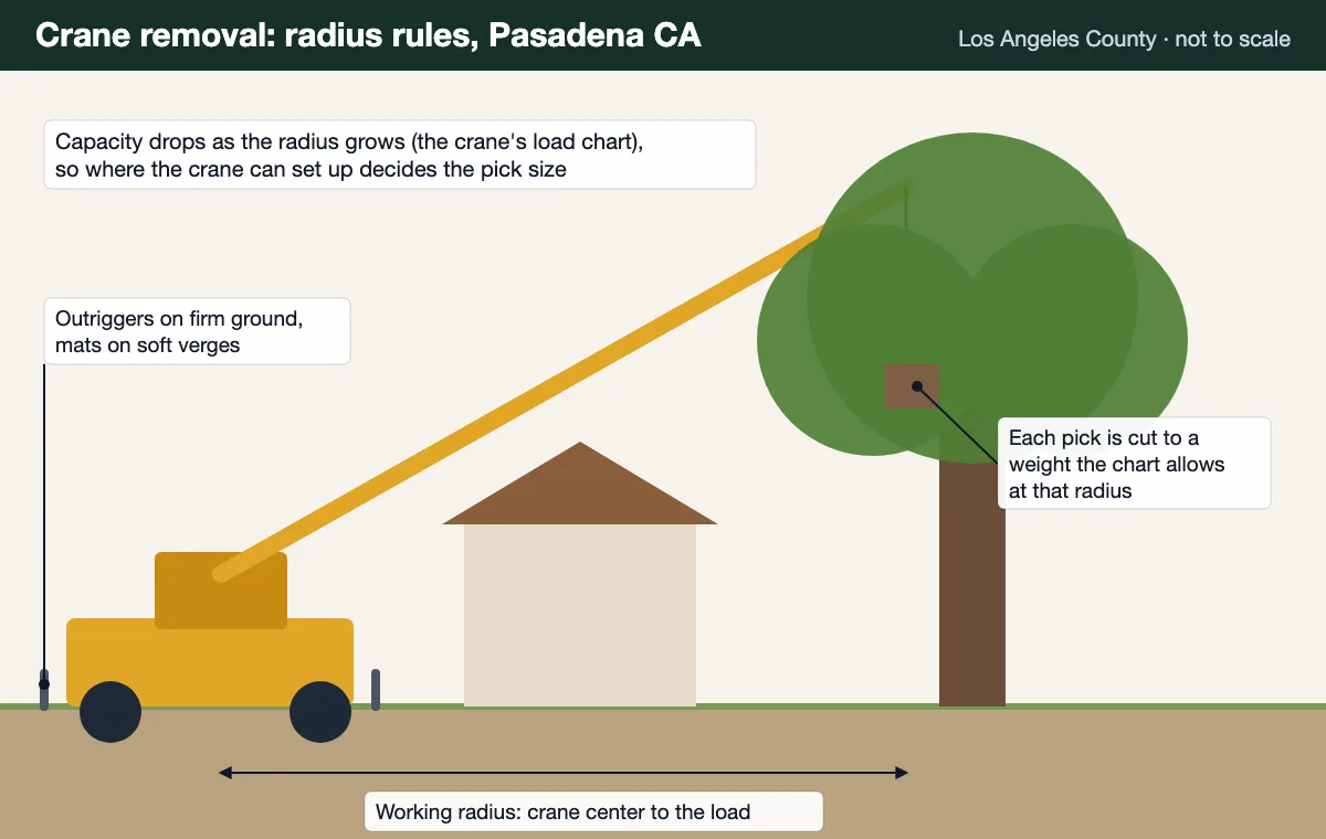 Diagram of a crane reaching over a house to a tree, with the working radius marked