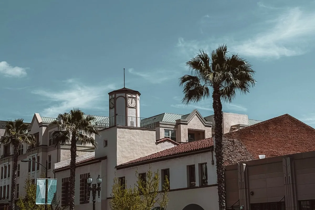 Palms and young street trees along a Pasadena street with a clock tower